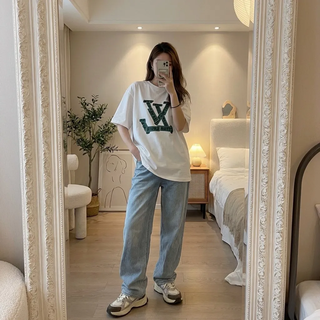 Louis Vuitton/Louis Vuitton green tape presbyopic print short sleeves